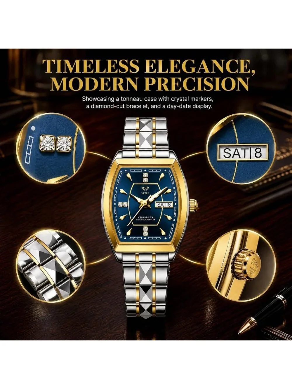 Women's Blue Two Tone Stainless Steel Waterproof Casual Dress Date Wrist Watch
